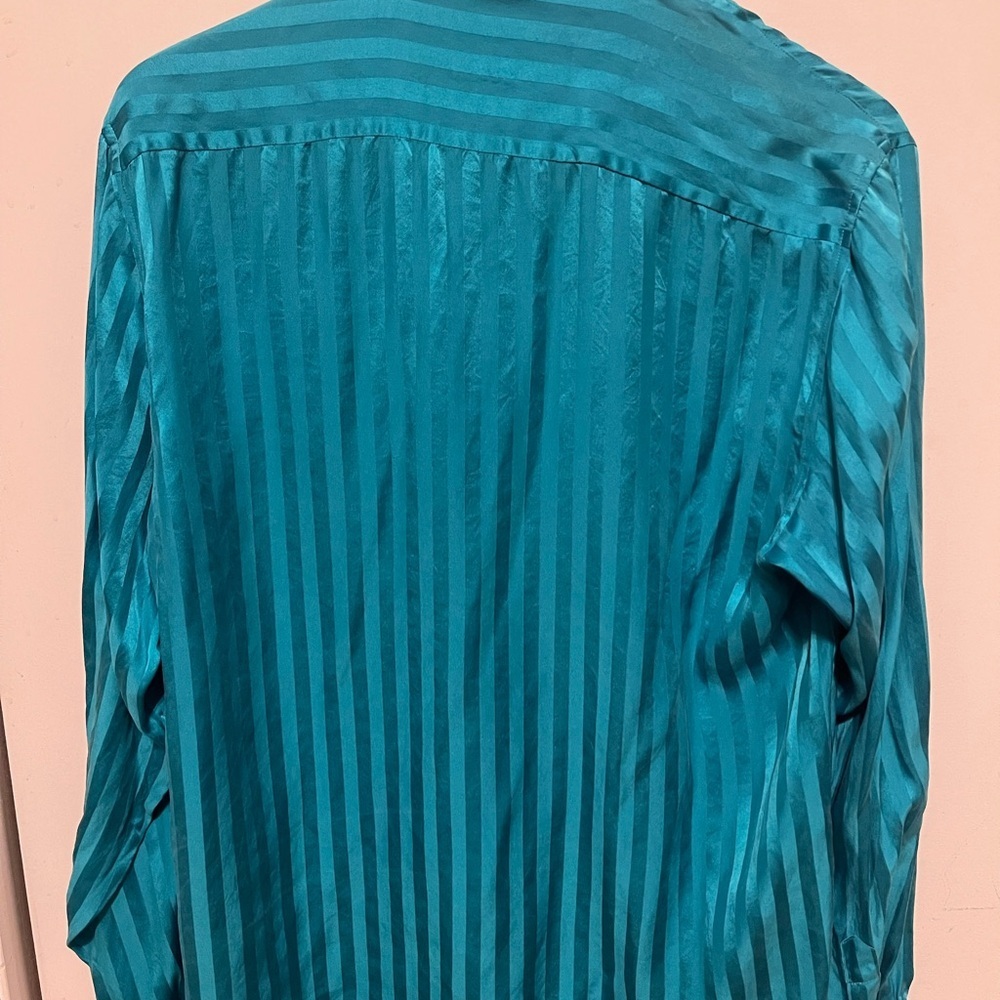 Vintage Genelli 100% Silk Button Up Shirt Mens L Tone On Tone Striped Teal - Picture 2 of 8